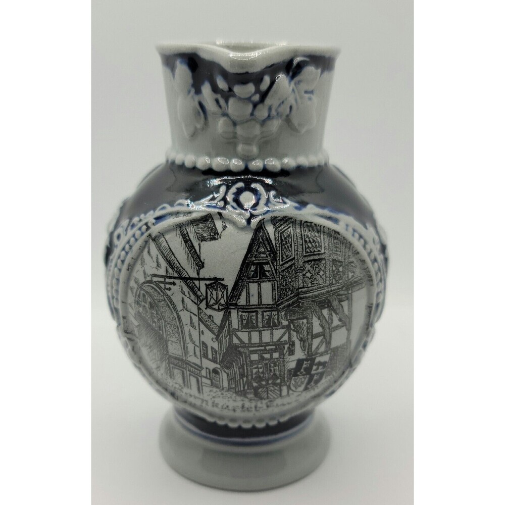 German Small Stoneware Pitcher HandCrafted HandPainted Gray and Cobalt Blue